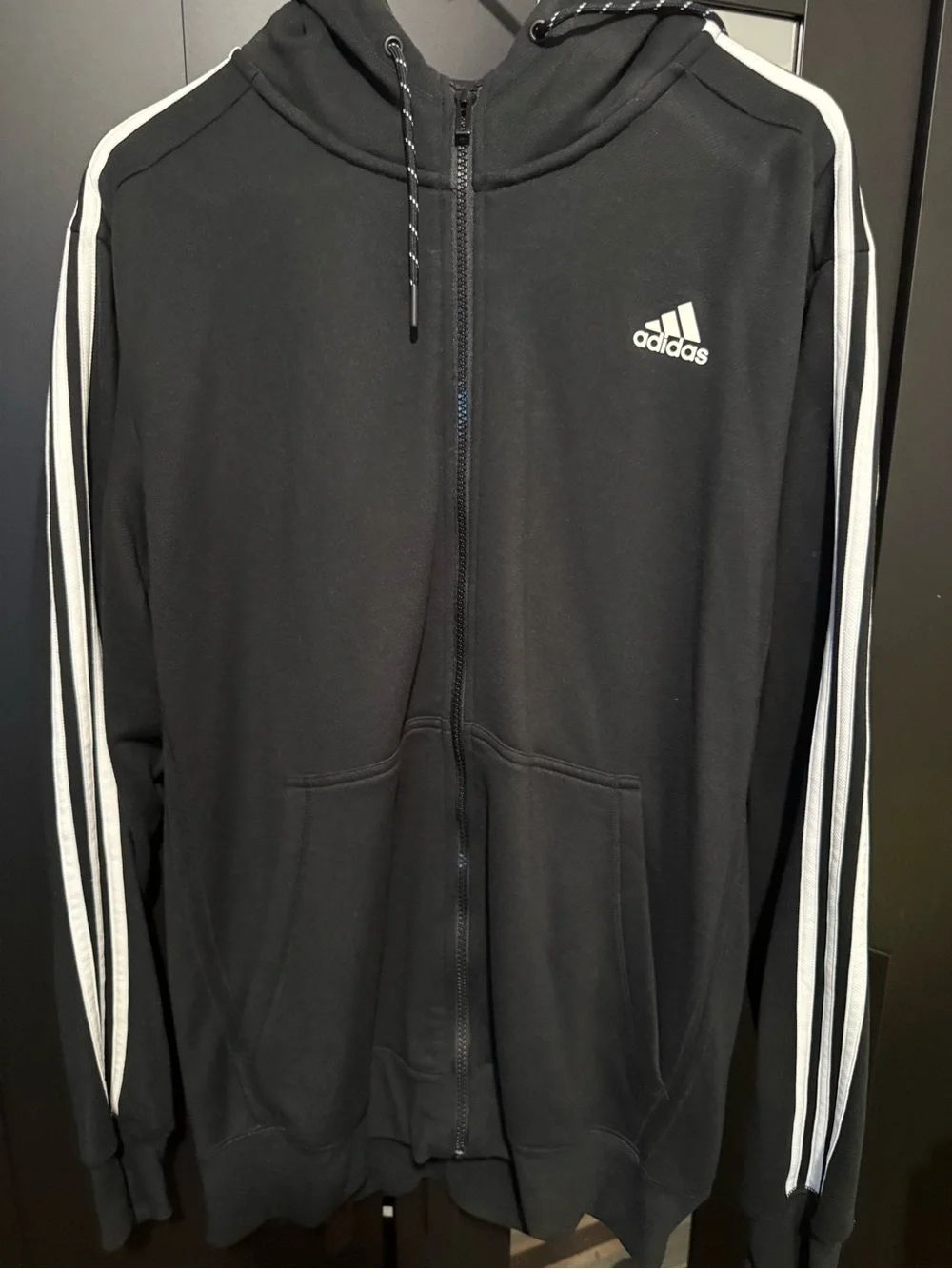 adidas Black Hooded Performance Jacket with White Stripes